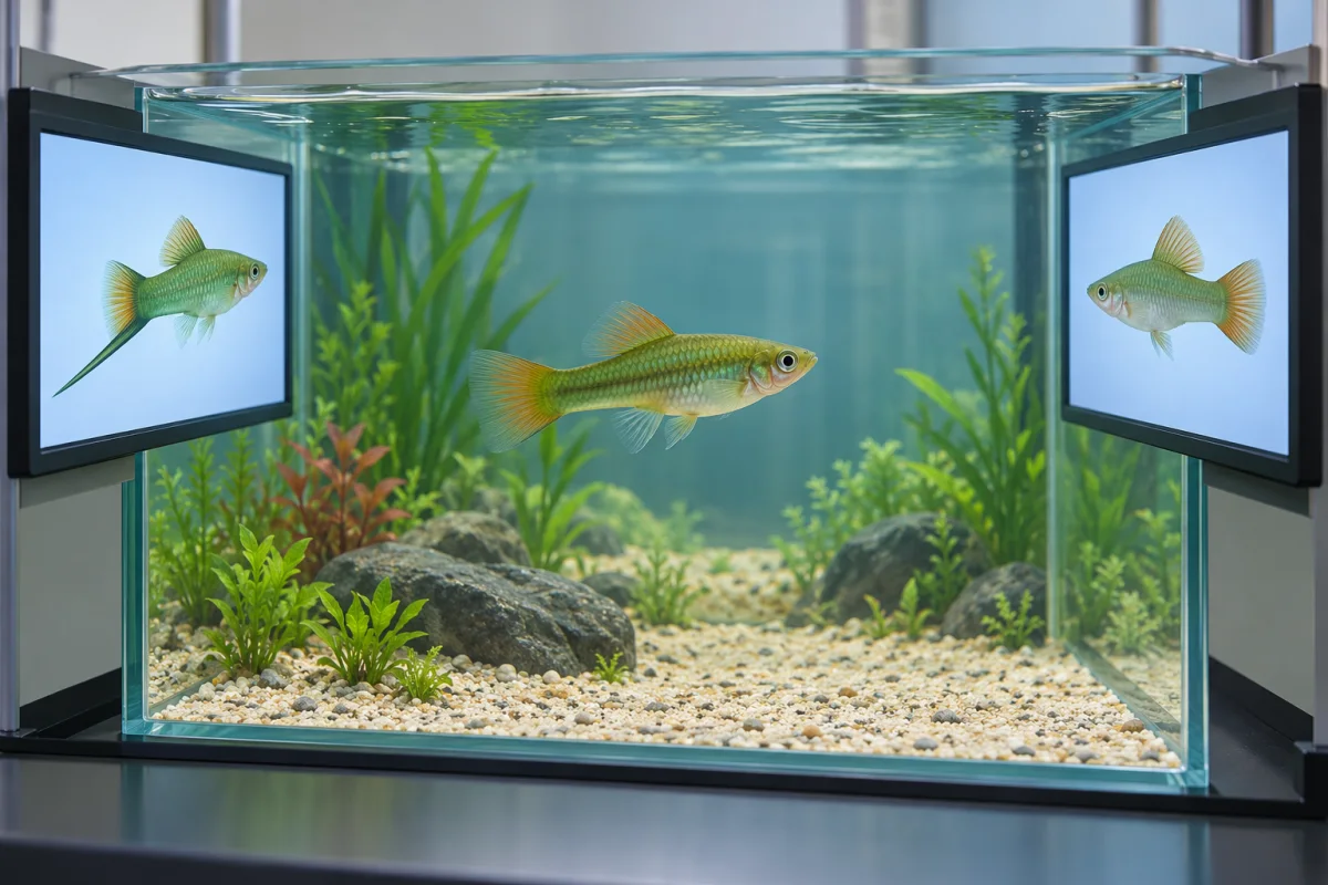 水槽中央のグリーンソードテールと両側の仮想魚画面を描いたAI生成イラスト