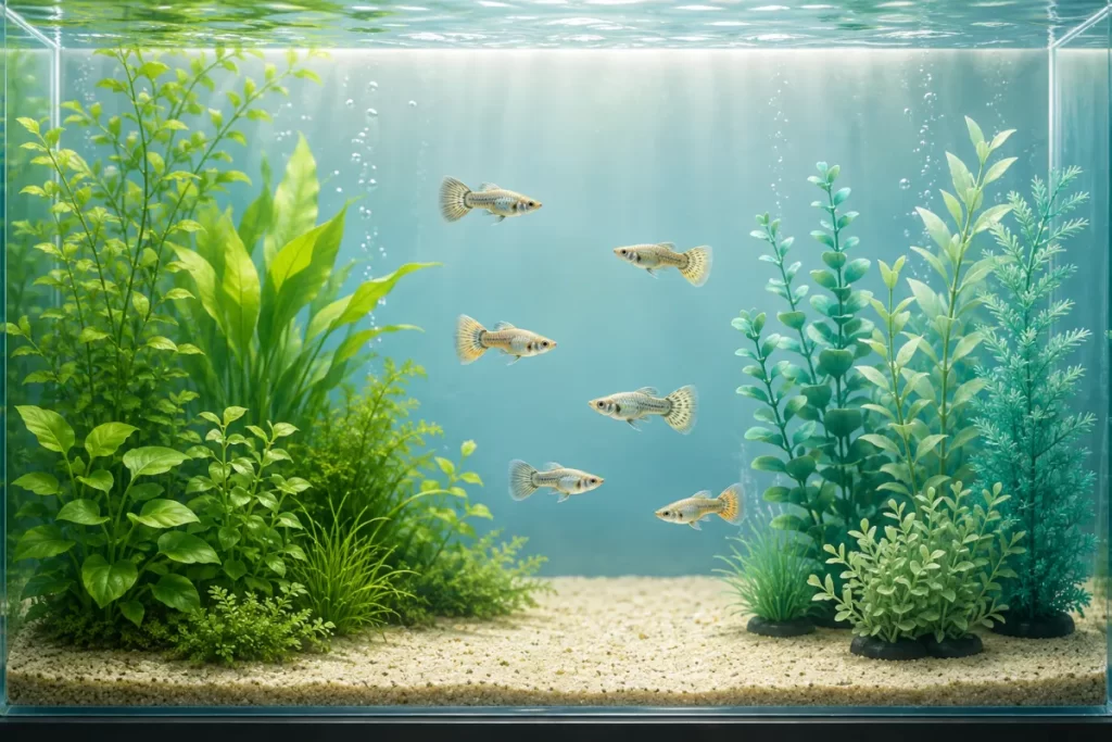 生水草と人工水草の間を泳ぐ6匹の若いグッピーのAI生成イラスト