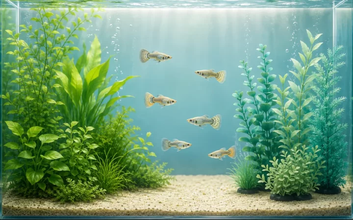 生水草と人工水草の間を泳ぐ6匹の若いグッピーのAI生成イラスト
