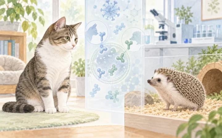 猫とハリネズミを別区画に描き受容体研究を表現したAI生成イラスト