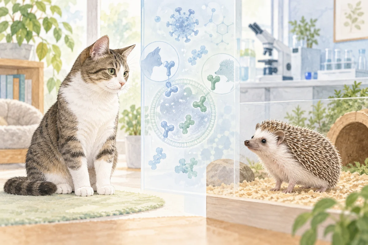 猫とハリネズミを別区画に描き受容体研究を表現したAI生成イラスト