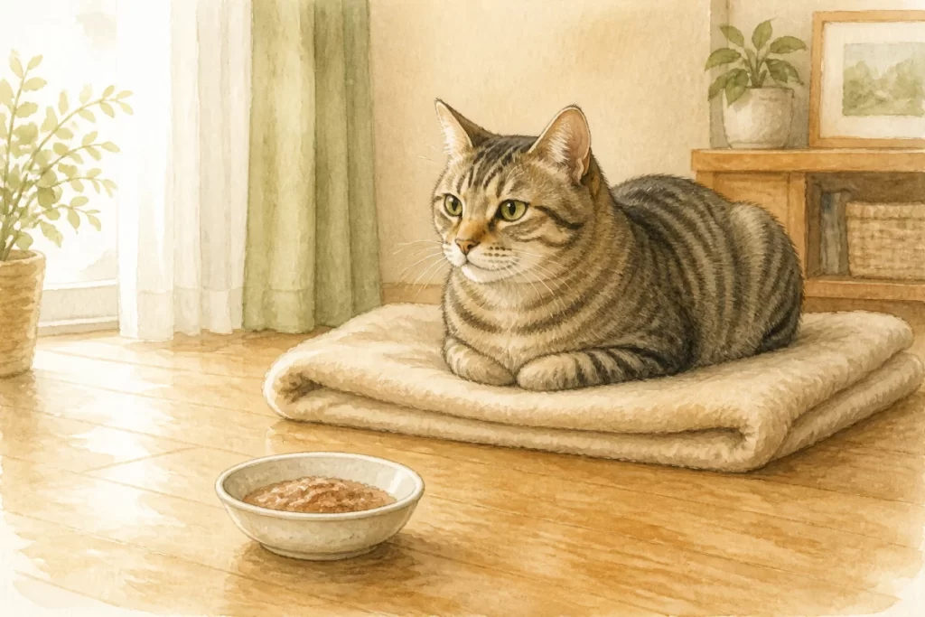 柔らかな毛布でくつろぐ猫と小さなご飯の器を描いた、穏やかな水彩風イメージイラスト