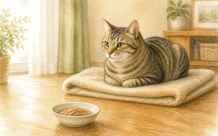 柔らかな毛布でくつろぐ猫と小さなご飯の器を描いた、穏やかな水彩風イメージイラスト