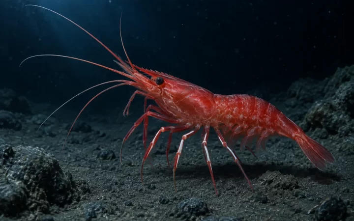 根室海峡の暗い深海底にいるホムライバラモエビをイメージした赤い深海性エビのAI生成イラスト