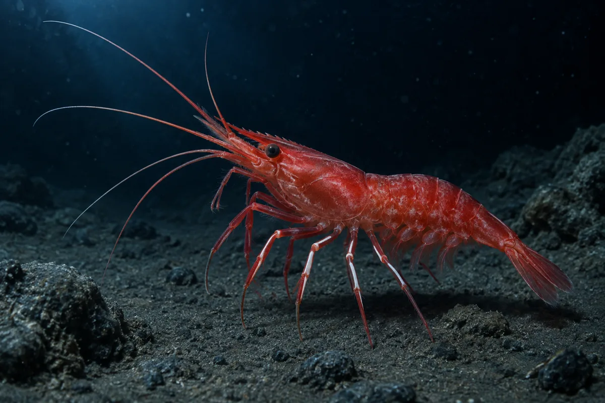 根室海峡の暗い深海底にいるホムライバラモエビをイメージした赤い深海性エビのAI生成イラスト