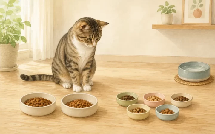 猫が大きめ2群と小さな5群の無地の器に分けたドライフードを見比べる水彩風イラスト