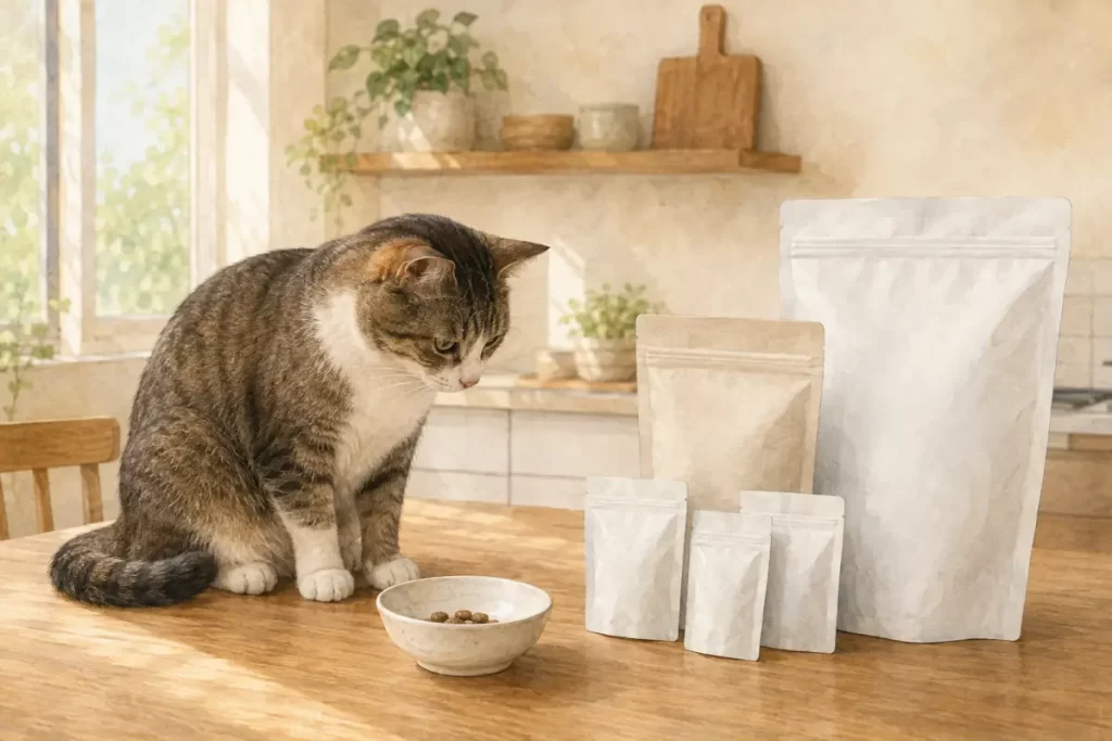 小分けの猫用おやつと大小の保存袋を見比べる猫のAI生成イラスト