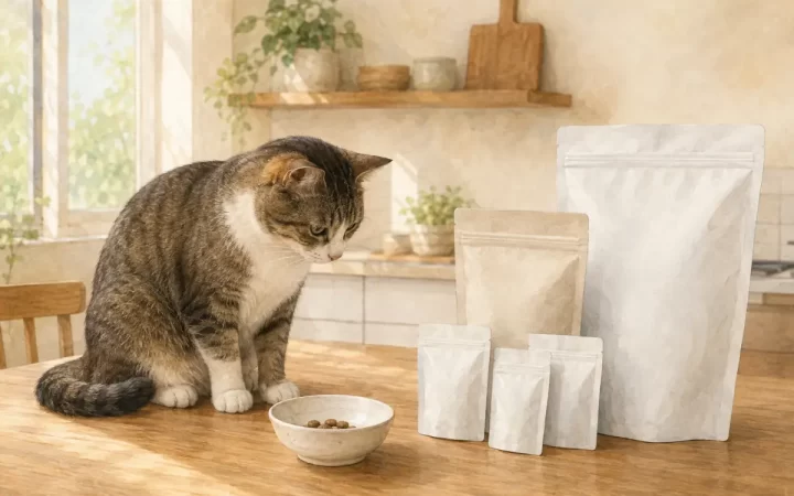小分けの猫用おやつと大小の保存袋を見比べる猫のAI生成イラスト
