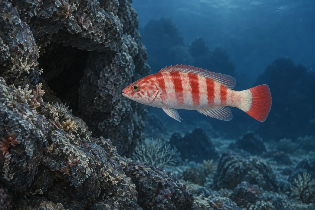 紅白模様の深海性ベラが岩陰へ近づく様子を描いたAI生成イラスト