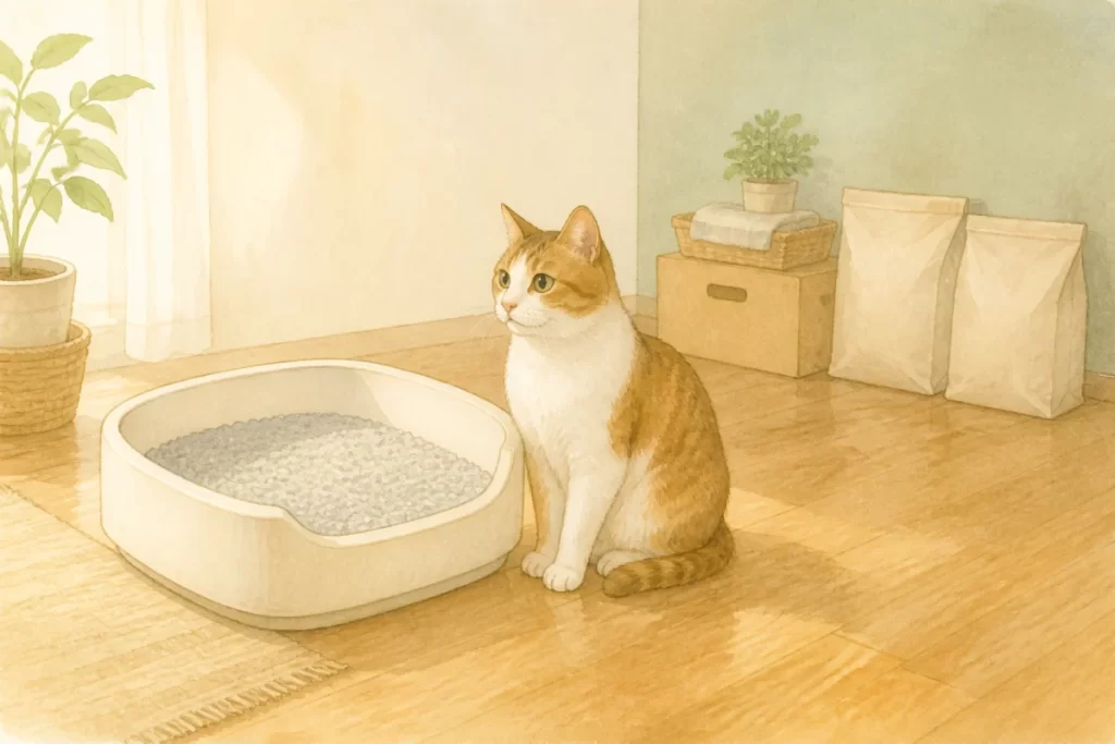 猫用トイレと猫砂のストック、そばに座る猫を描いた水彩風イラスト