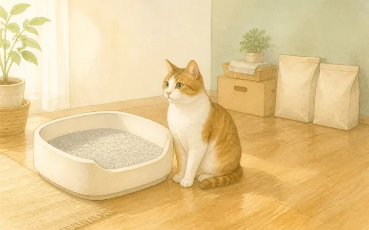 猫用トイレと猫砂のストック、そばに座る猫を描いた水彩風イラスト
