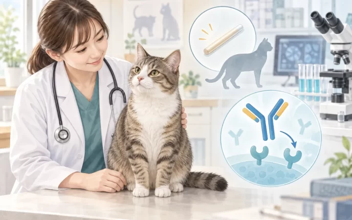 雄猫と獣医師、FSH受容体抗体研究を表す顕微鏡と抗体モチーフのAI生成イラスト
