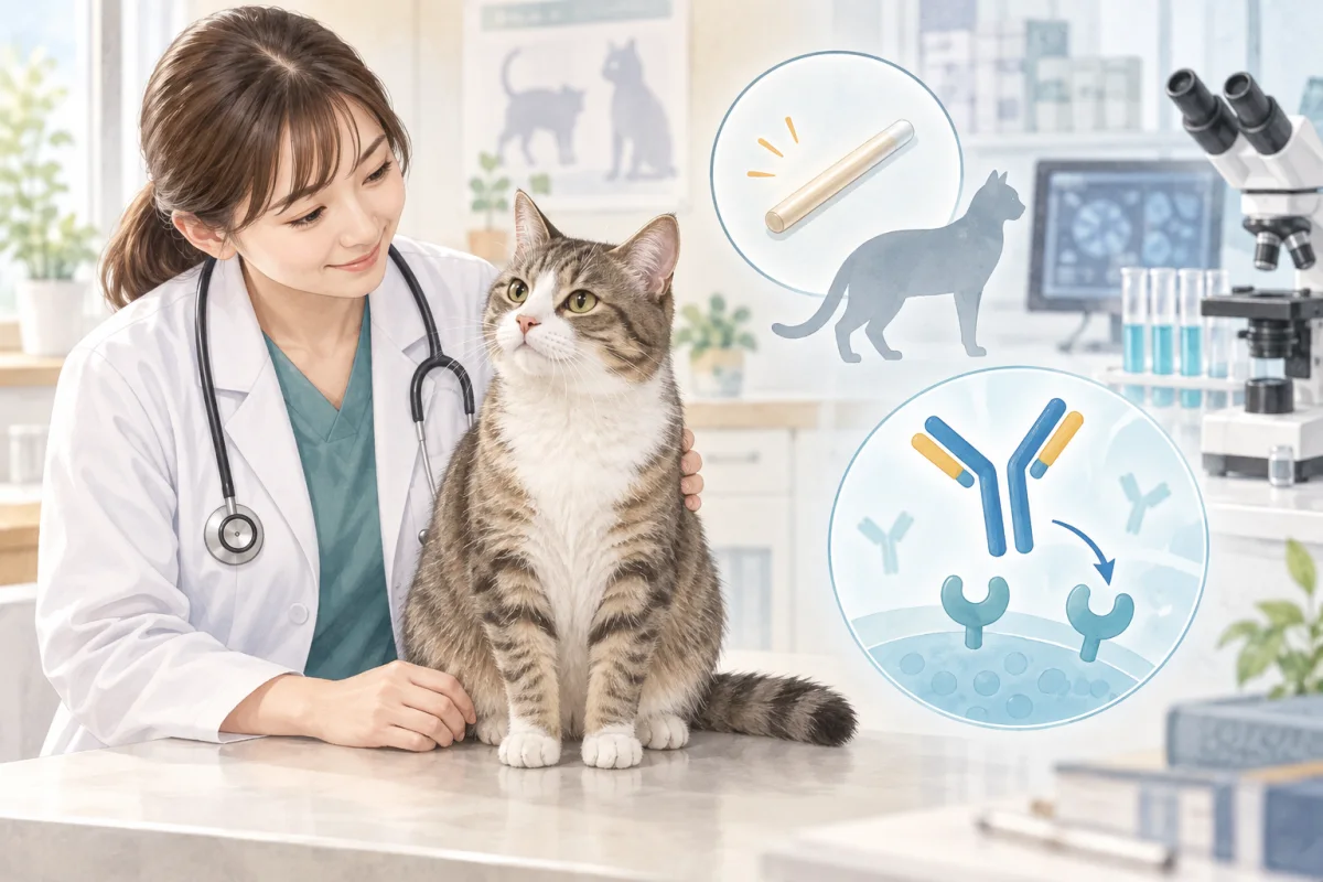 雄猫と獣医師、FSH受容体抗体研究を表す顕微鏡と抗体モチーフのAI生成イラスト