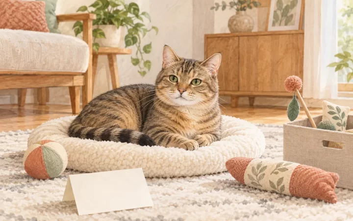 丸いマットでくつろぐ猫と安全に片づけた玩具を描いたAI生成イラスト