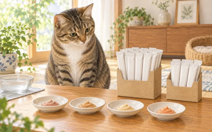 猫の前に4つの小皿と本数の異なる無地スティック箱を並べたAI生成イラスト