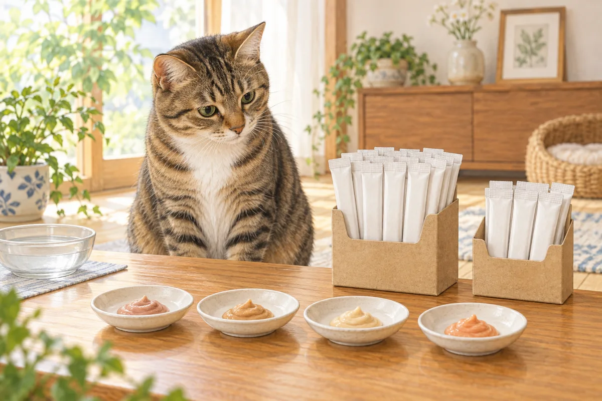 猫の前に4つの小皿と本数の異なる無地スティック箱を並べたAI生成イラスト