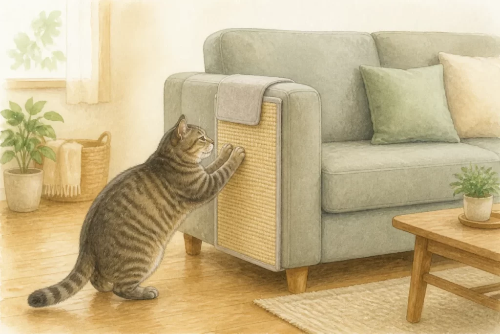 ソファーの角を覆う麻のマットで爪をとぐ老猫の水彩風イメージイラスト