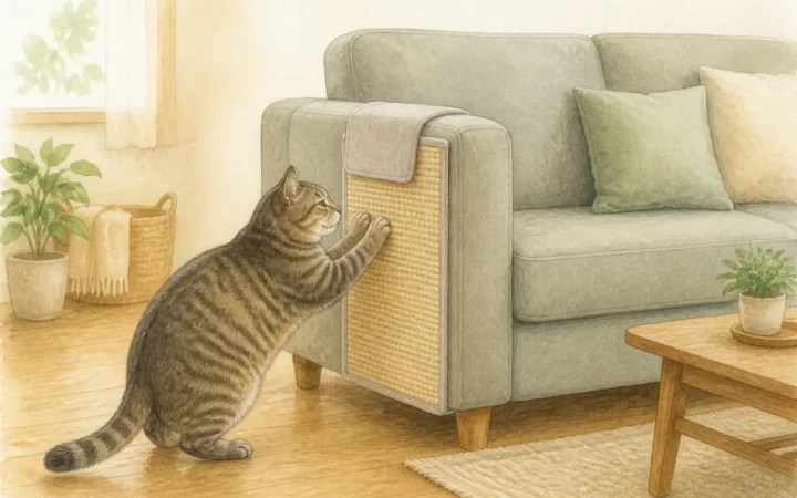 ソファーの角を覆う麻のマットで爪をとぐ老猫の水彩風イメージイラスト
