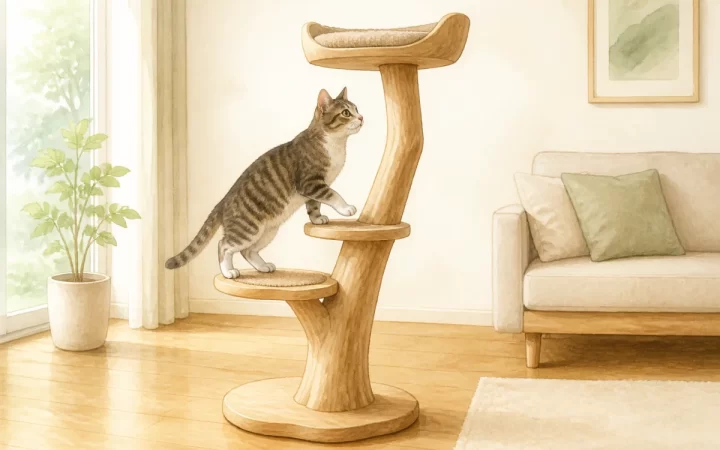 明るい室内で天然木風の2段キャットタワーを使う猫の水彩風イラスト