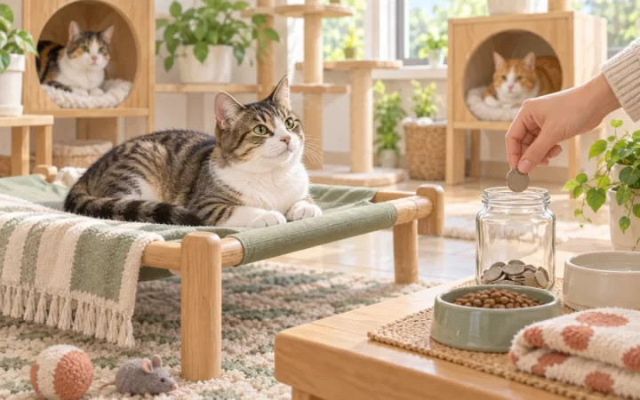 保護猫3匹が暮らす明るい室内で、手が無地の支援箱へコインを入れるAI生成イラスト