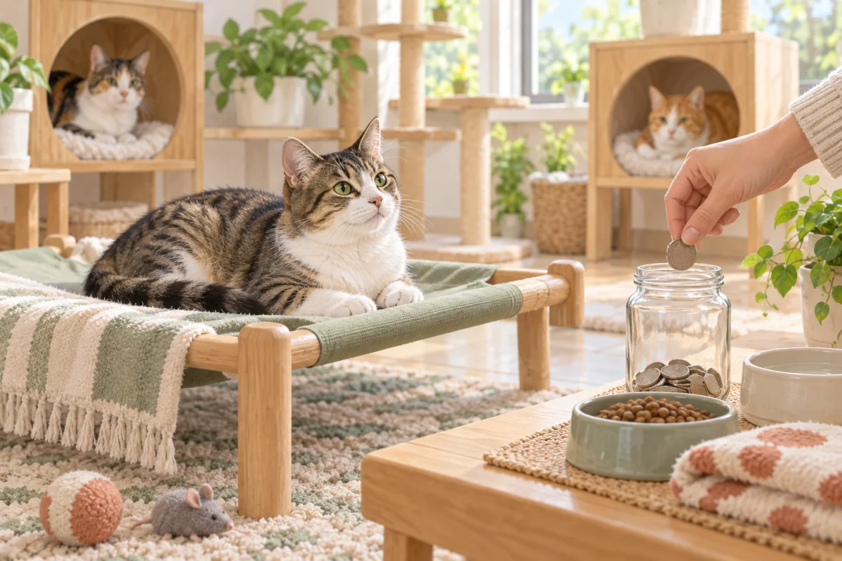 保護猫3匹が暮らす明るい室内で、手が無地の支援箱へコインを入れるAI生成イラスト