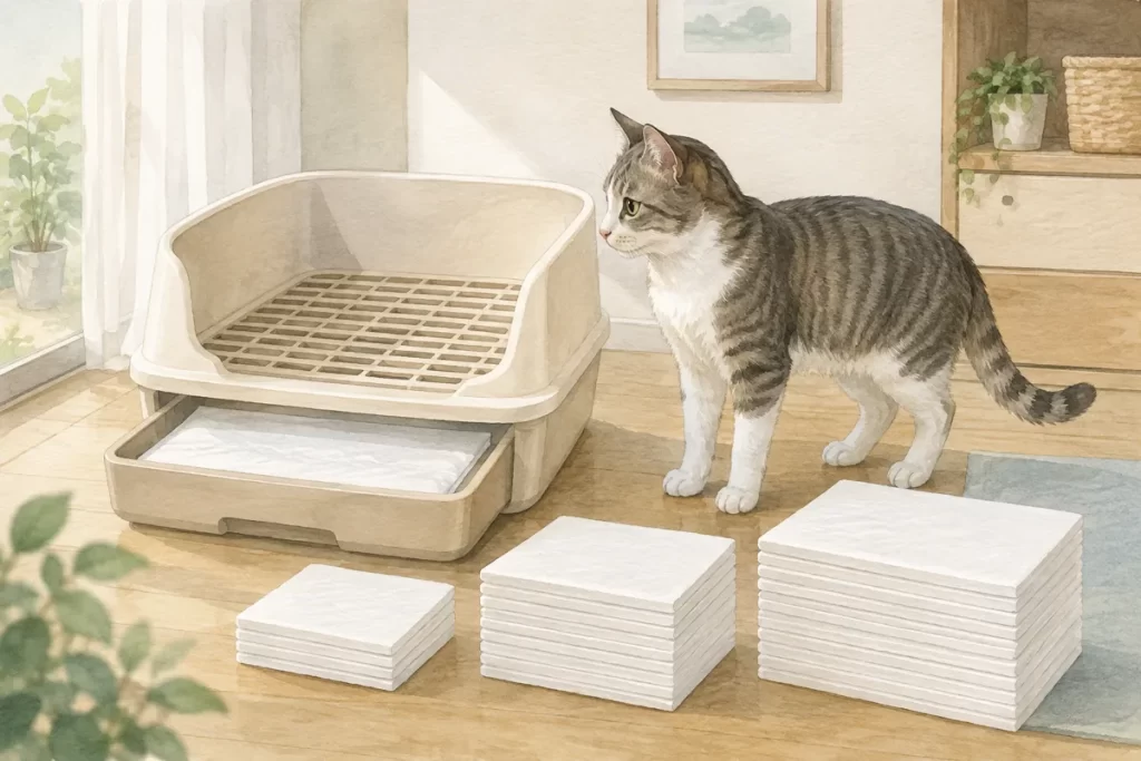 猫用システムトイレと枚数の異なる無地の交換シートを見比べる猫のAI生成イラスト