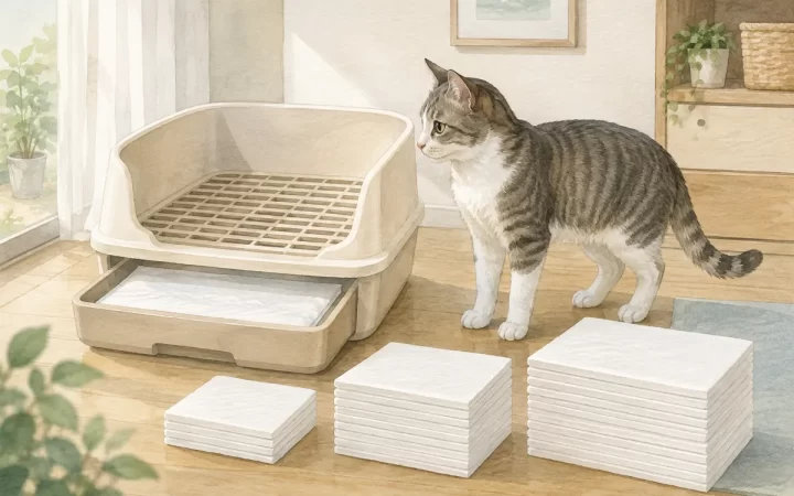 猫用システムトイレと枚数の異なる無地の交換シートを見比べる猫のAI生成イラスト