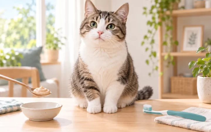 猫用ピューレおやつと歯ブラシを別々に示した猫のデンタルケアAI生成イラスト