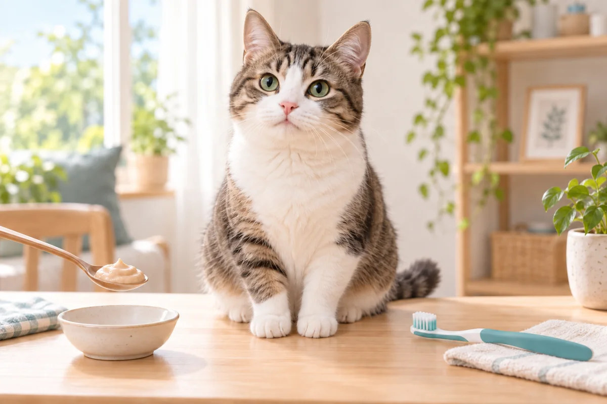 猫用ピューレおやつと歯ブラシを別々に示した猫のデンタルケアAI生成イラスト