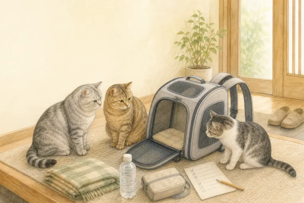 玄関で3匹の猫と避難用キャリーリュック、防災用品を確認する柔らかな水彩風イラスト