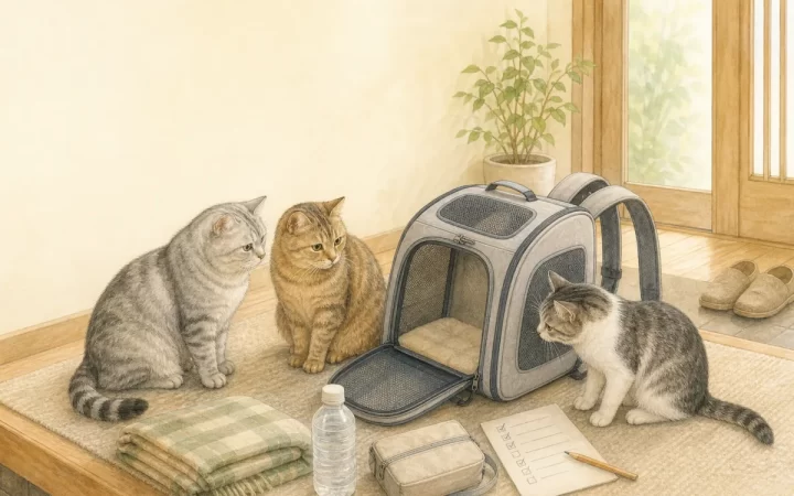 玄関で3匹の猫と避難用キャリーリュック、防災用品を確認する柔らかな水彩風イラスト