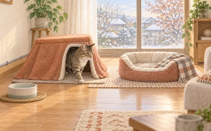 猫が出口を開けた暖房付きの囲い型寝床から出て、常温ベッドと水も選べる冬の室内を描いたAI生成イラスト