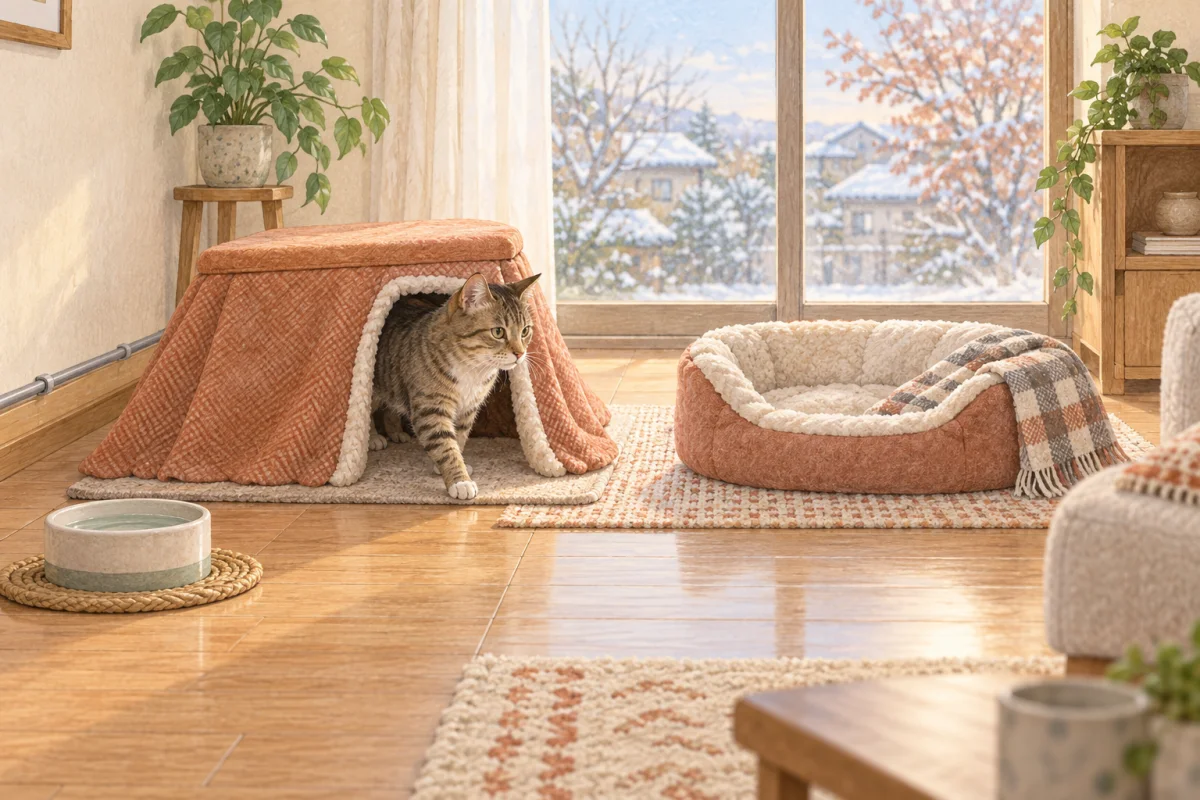 猫が出口を開けた暖房付きの囲い型寝床から出て、常温ベッドと水も選べる冬の室内を描いたAI生成イラスト