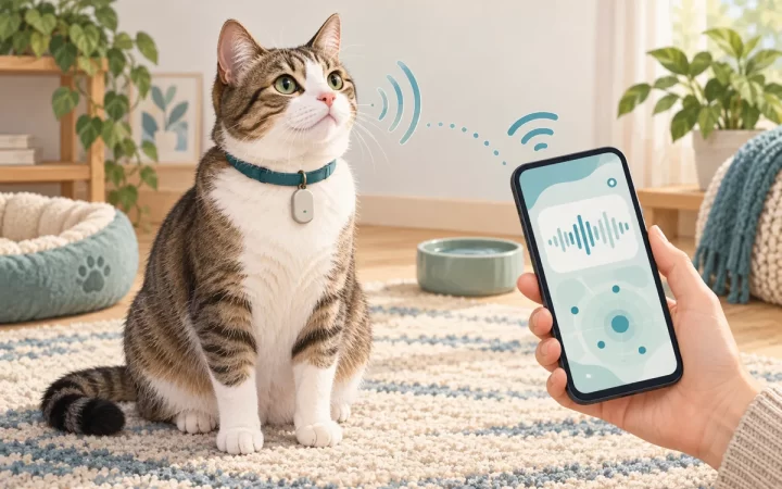 猫の首輪型センサーとスマートフォンの音声解析画面を描いたAI生成イラスト