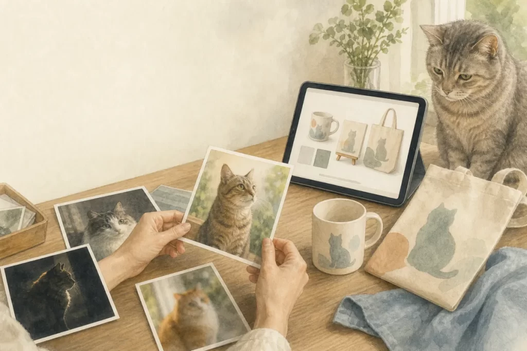 猫写真を選び、マグカップやキャンバスのデザインを考える柔らかな水彩風イラスト