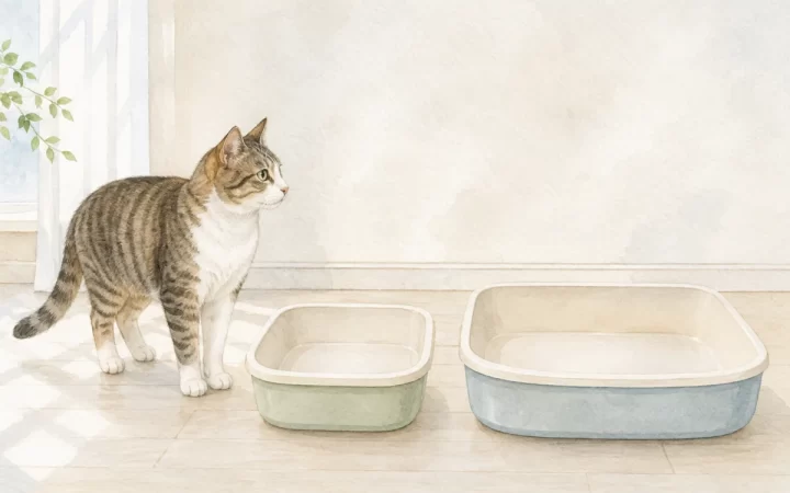 成猫が大きさの異なる2つの無地のオープン型猫トイレを見比べる水彩風イラスト