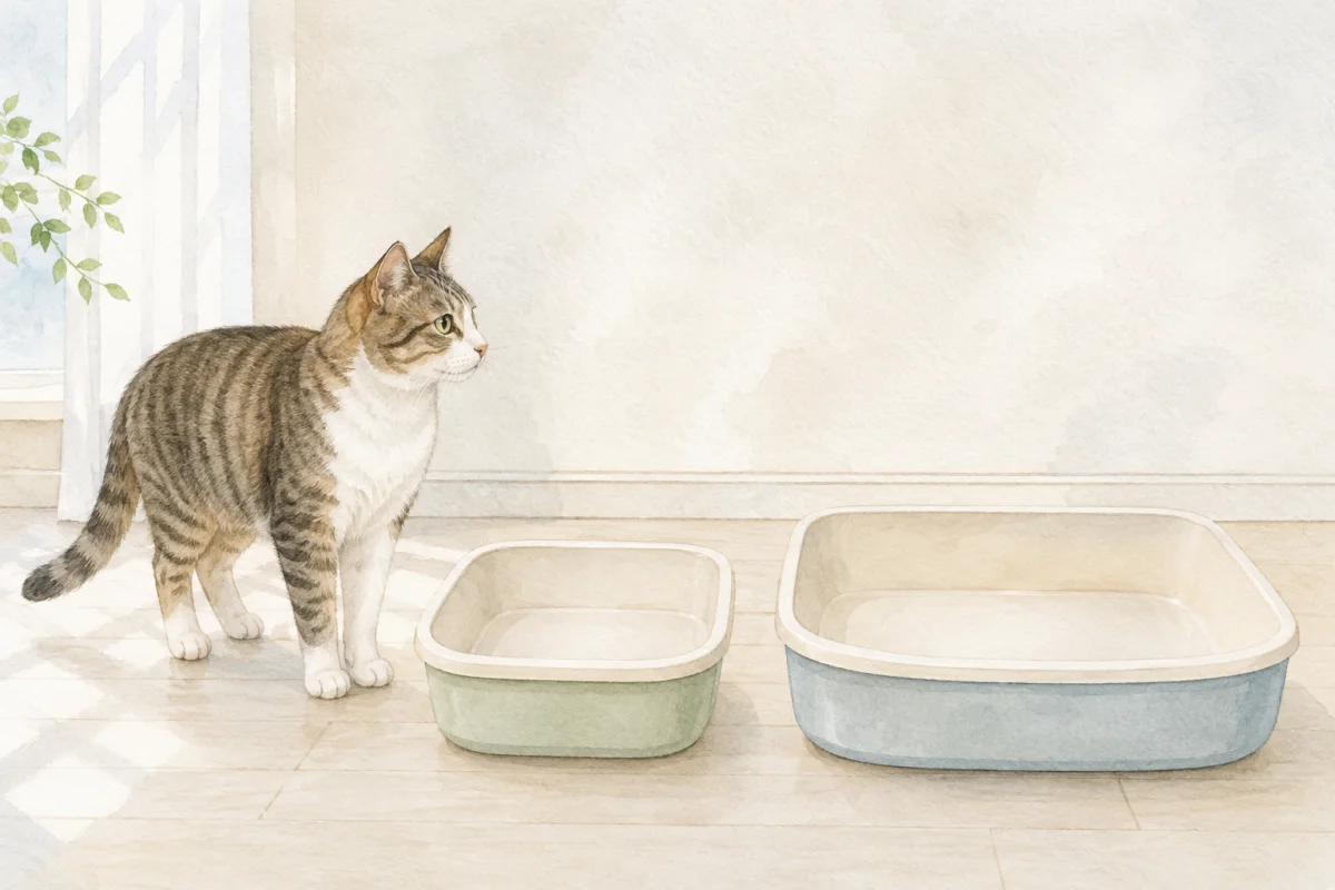 成猫が大きさの異なる2つの無地のオープン型猫トイレを見比べる水彩風イラスト