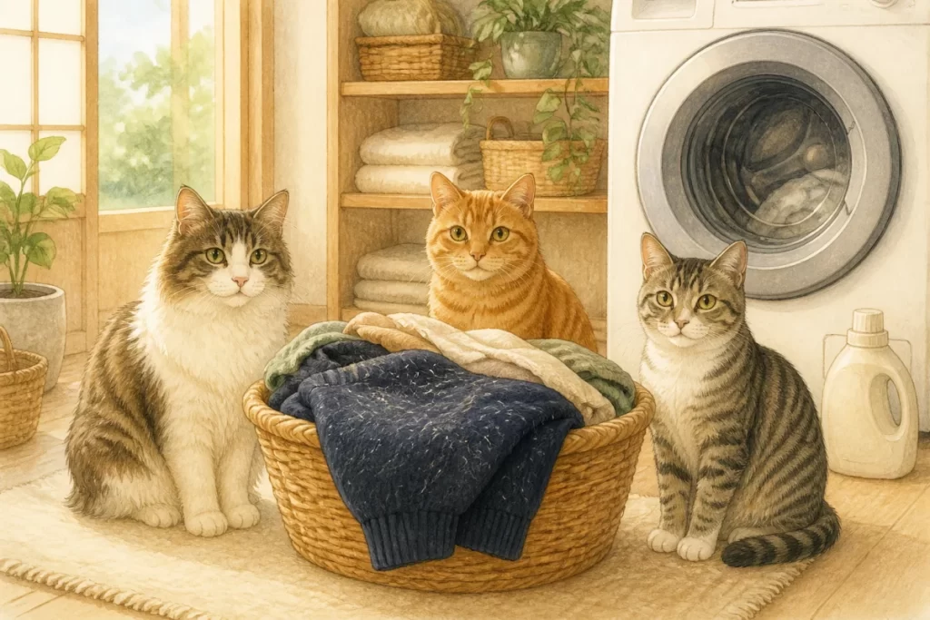 洗濯かごのそばで3匹の猫がくつろぐ、猫の抜け毛対策を表した柔らかな水彩風イラスト