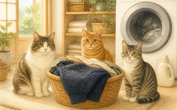 洗濯かごのそばで3匹の猫がくつろぐ、猫の抜け毛対策を表した柔らかな水彩風イラスト