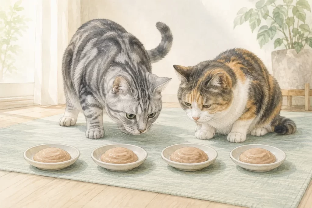成猫とシニア猫が4つの無地の器に入った柔らかな猫用ムースを確認する水彩風イラスト