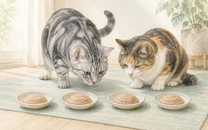 成猫とシニア猫が4つの無地の器に入った柔らかな猫用ムースを確認する水彩風イラスト