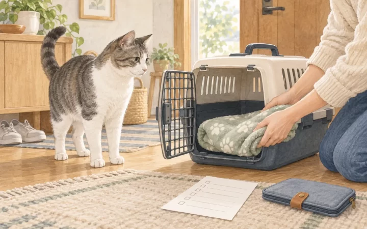 猫の健康診断へ向けてキャリーと持ち物を準備するイメージ