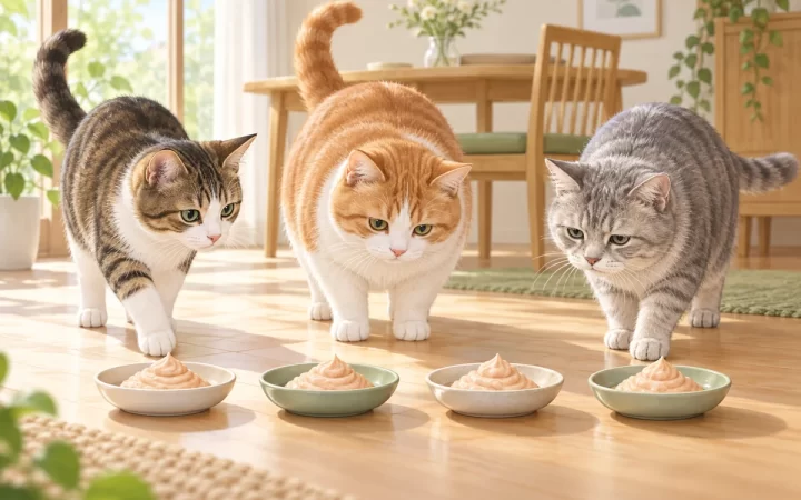 年齢や体型の異なる3匹の猫と4皿のやわらかなムースを描いたAI生成イラスト