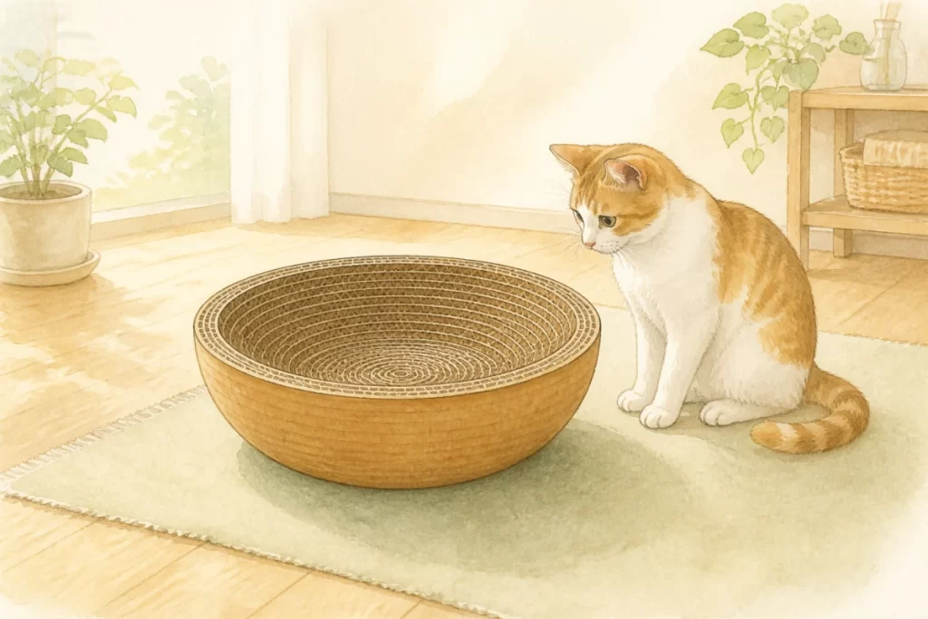 丸い段ボールの爪とぎベッドと猫を描いた水彩風のイメージイラスト