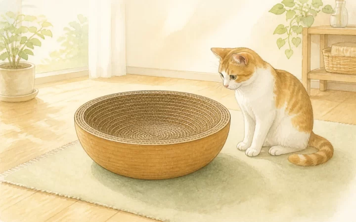 丸い段ボールの爪とぎベッドと猫を描いた水彩風のイメージイラスト