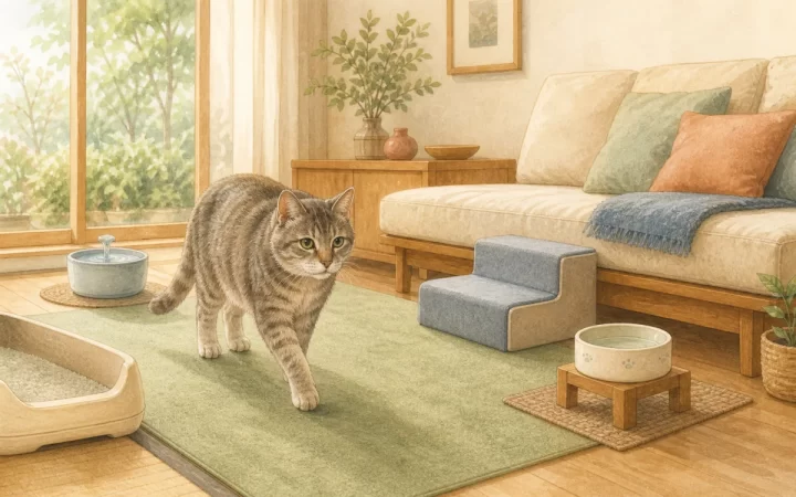 滑り止めマットや低いトイレ、ステップを備えた部屋を歩く高齢猫の水彩風イラスト