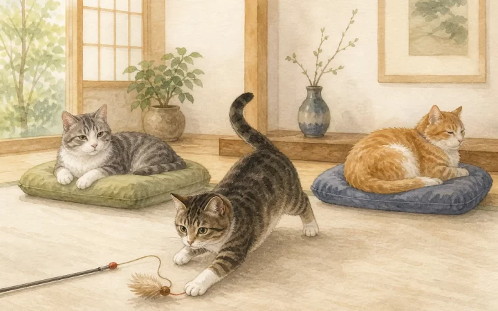 おもちゃで遊ぶ若い成猫と、それぞれのクッションで距離を取って休む2匹の老猫の水彩風イラスト
