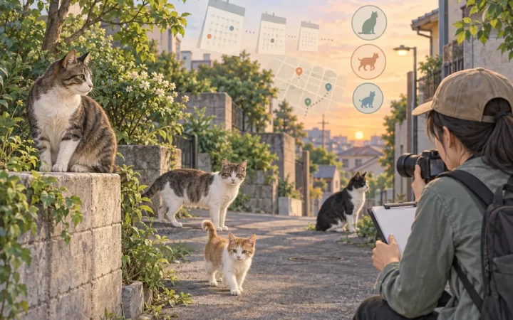 都市の路地で地域猫4匹を離れて観察・記録する様子を描いたAI生成イラスト