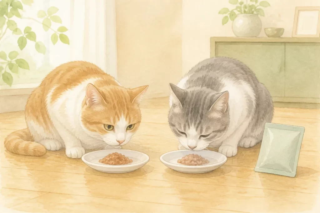 高齢猫2匹と、それぞれの小皿に取り分けたウェットフードを描いた水彩風イラスト