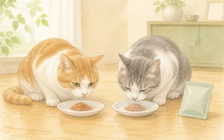高齢猫2匹と、それぞれの小皿に取り分けたウェットフードを描いた水彩風イラスト